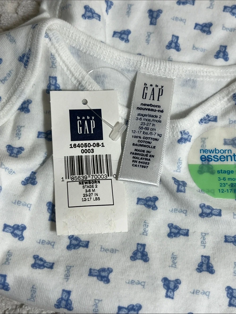 GAP White Long-Sleeve Baby One-Piece with Blue Animal Print